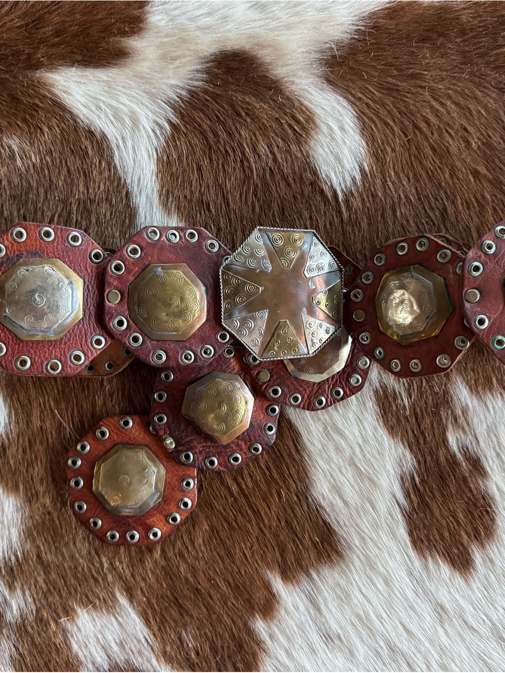 Vtg Belt 1960’s 70's Handmade Moroccan Concho BoHo Leather Brass 39” Waist